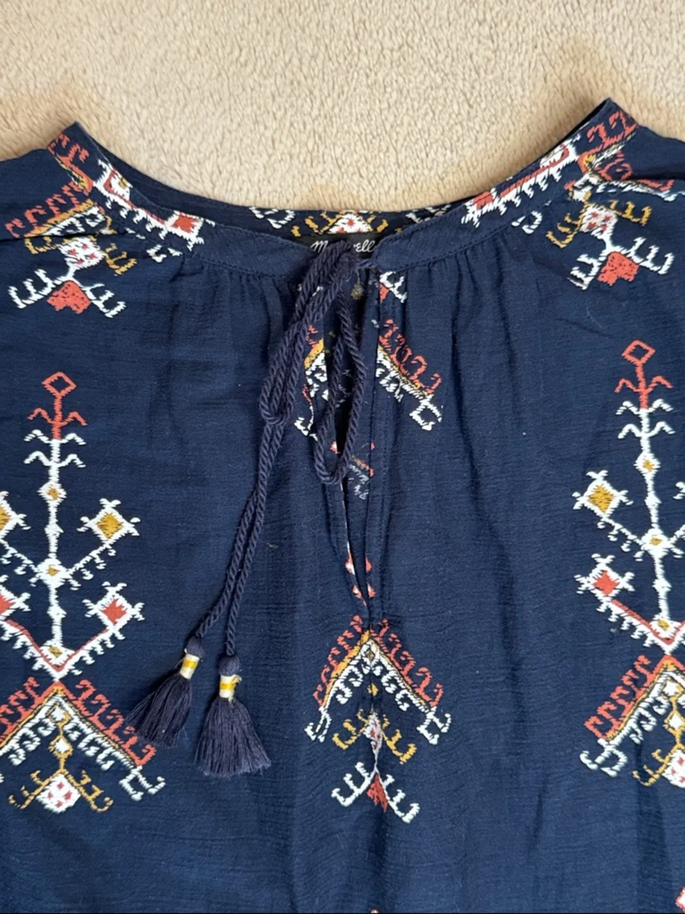 Madewell Marta Folkstitch Popover Top Navy Tassels Boho 3/4 Sleeve est sz L - Picture 4 of 8